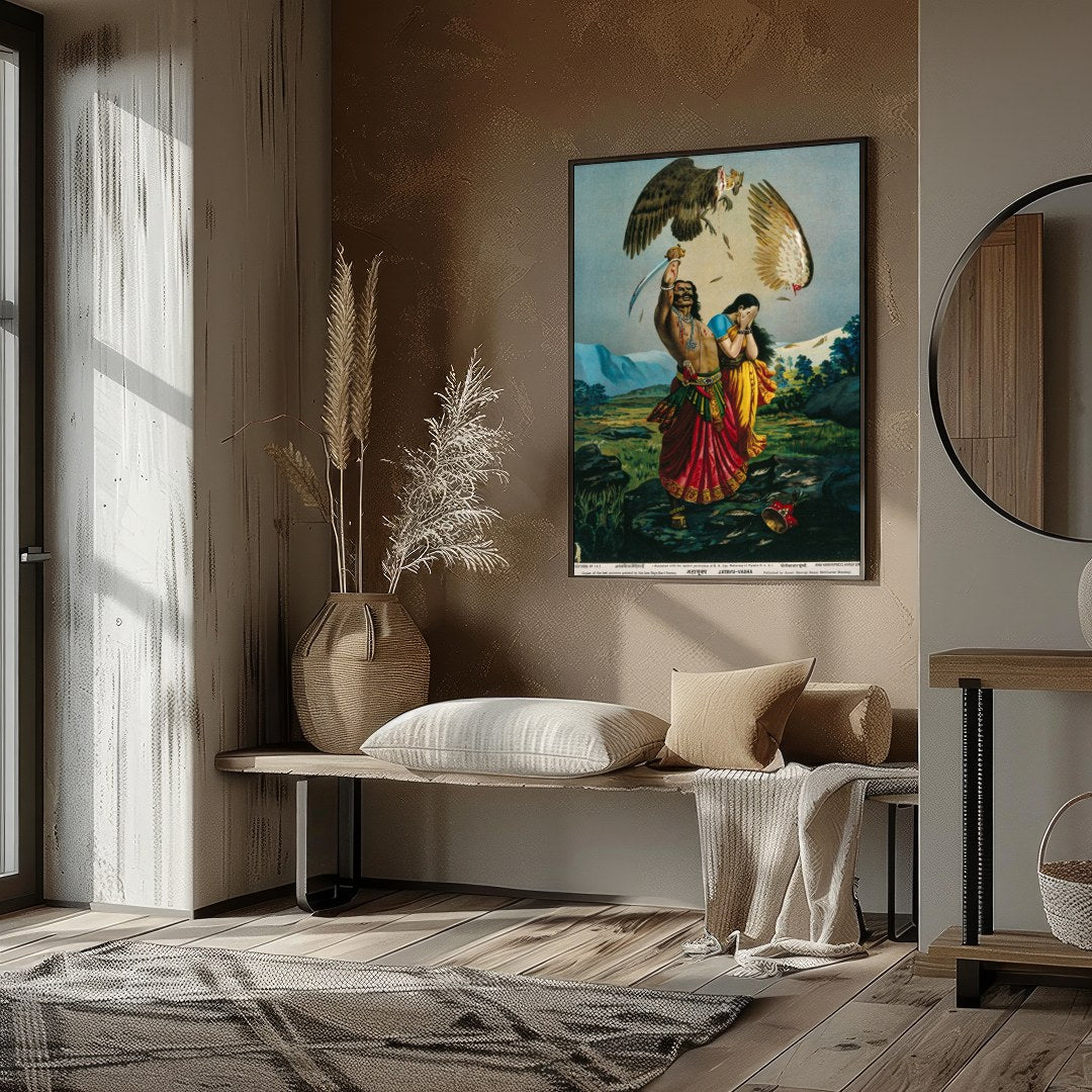 This captivating piece of art illustrates a dramatic scene of a warrior raising a sword for haven