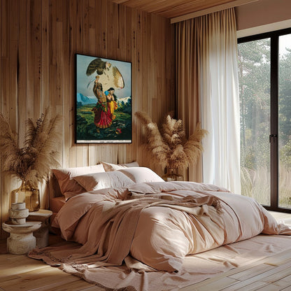 This captivating piece of art illustrates a dramatic scene of a warrior raising a sword for Bedroom