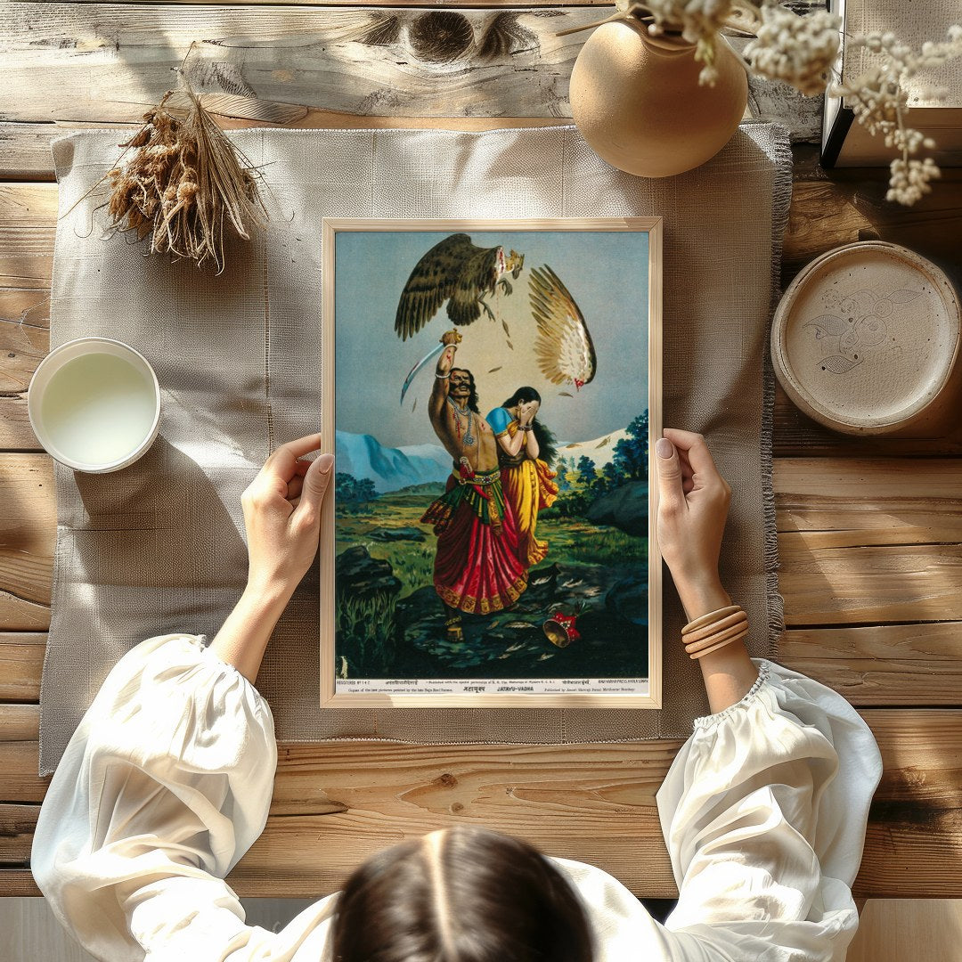 This captivating piece of art illustrates a dramatic scene of a warrior raising a sword for room