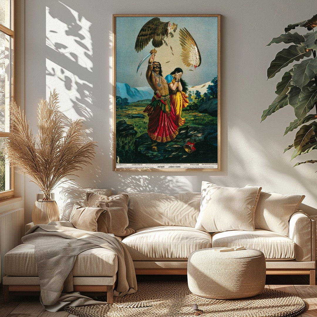 This captivating piece of art illustrates a dramatic scene of a warrior raising a sword for Sitting Area
