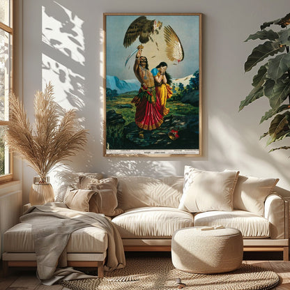 This captivating piece of art illustrates a dramatic scene of a warrior raising a sword for Sitting Area