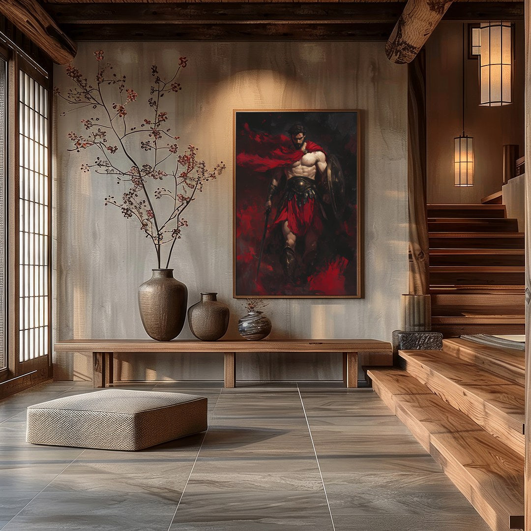 Immerse yourself in the dramatic prowess of the Crimson Warrior, a strikingly vivid portrayal of for Hall