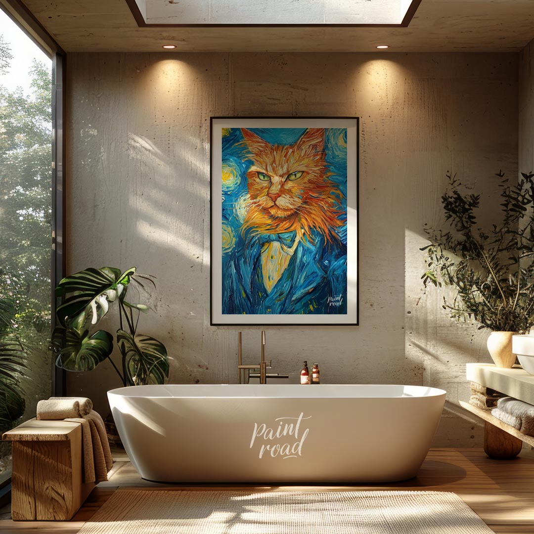 This striking oil painting reimagines a ginger cat in the iconic style of Vincent van Gogh's "The S… for bathroom