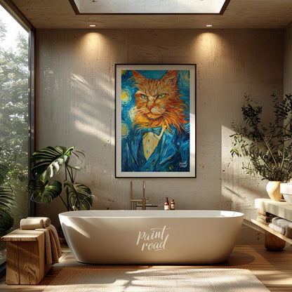 This striking oil painting reimagines a ginger cat in the iconic style of Vincent van Gogh's "The S… for bathroom