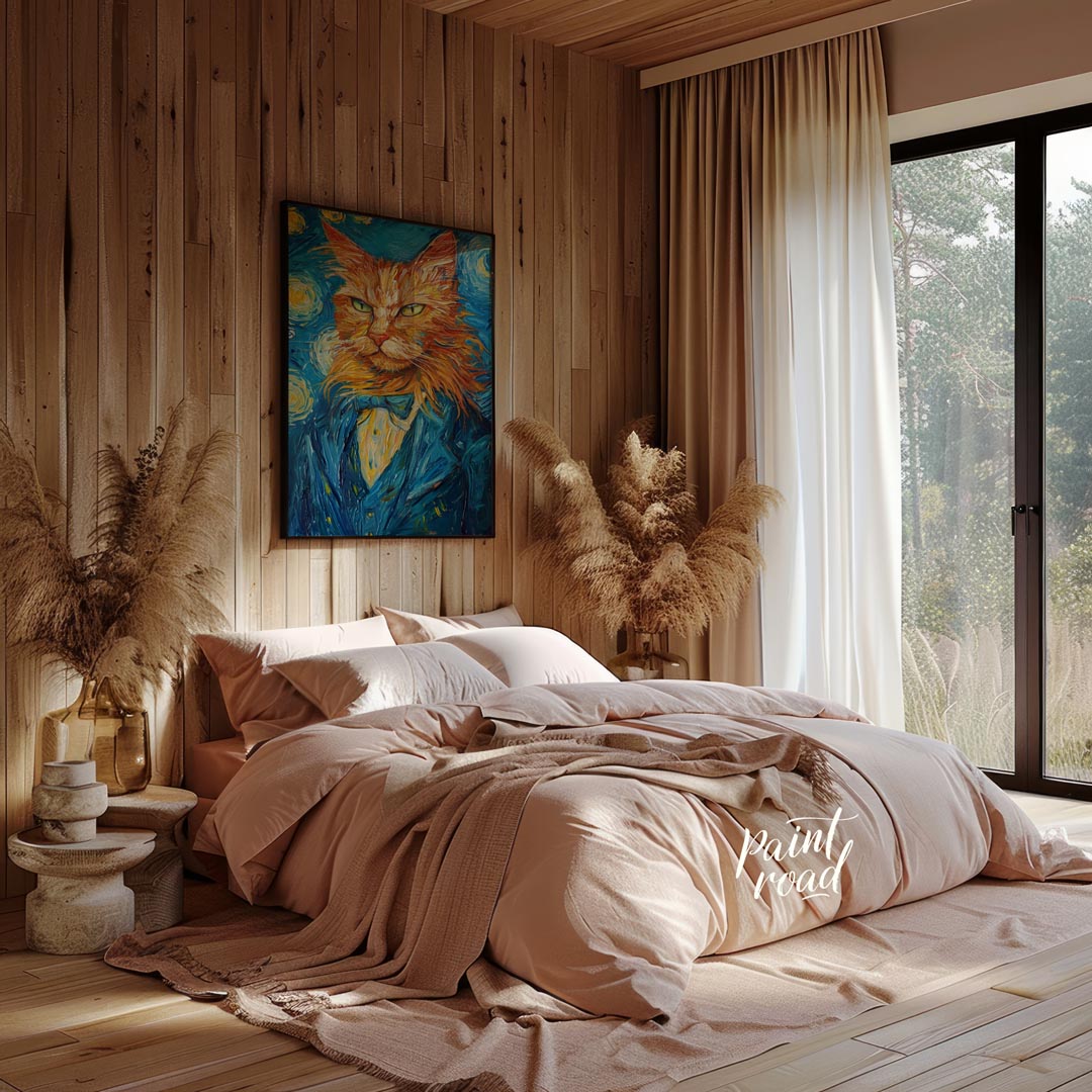 This striking oil painting reimagines a ginger cat in the iconic style of Vincent van Gogh's "The S… for bedroom