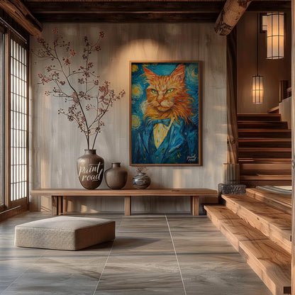 This striking oil painting reimagines a ginger cat in the iconic style of Vincent van Gogh's "The S… for entryway