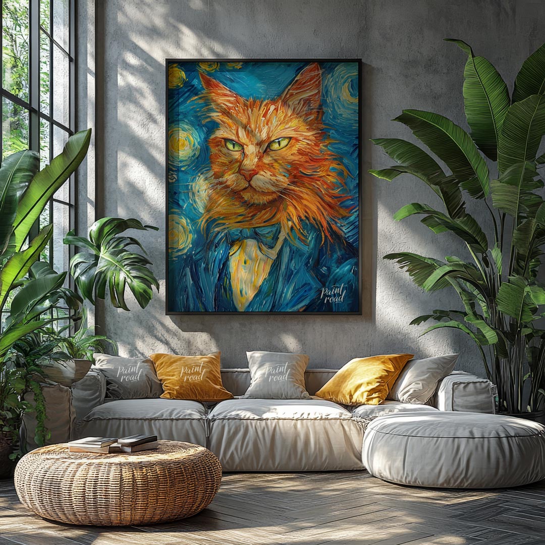 This striking oil painting reimagines a ginger cat in the iconic style of Vincent van Gogh's "The S… for living room
