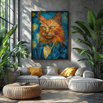 This striking oil painting reimagines a ginger cat in the iconic style of Vincent van Gogh's "The S… for living room
