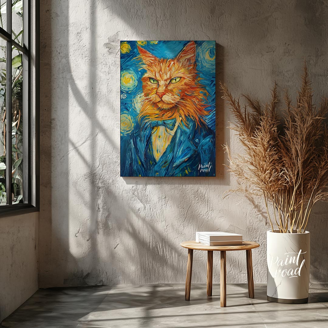 This striking oil painting reimagines a ginger cat in the iconic style of Vincent van Gogh's "The S… for living room