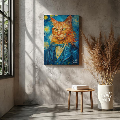 This striking oil painting reimagines a ginger cat in the iconic style of Vincent van Gogh's "The S… for living room