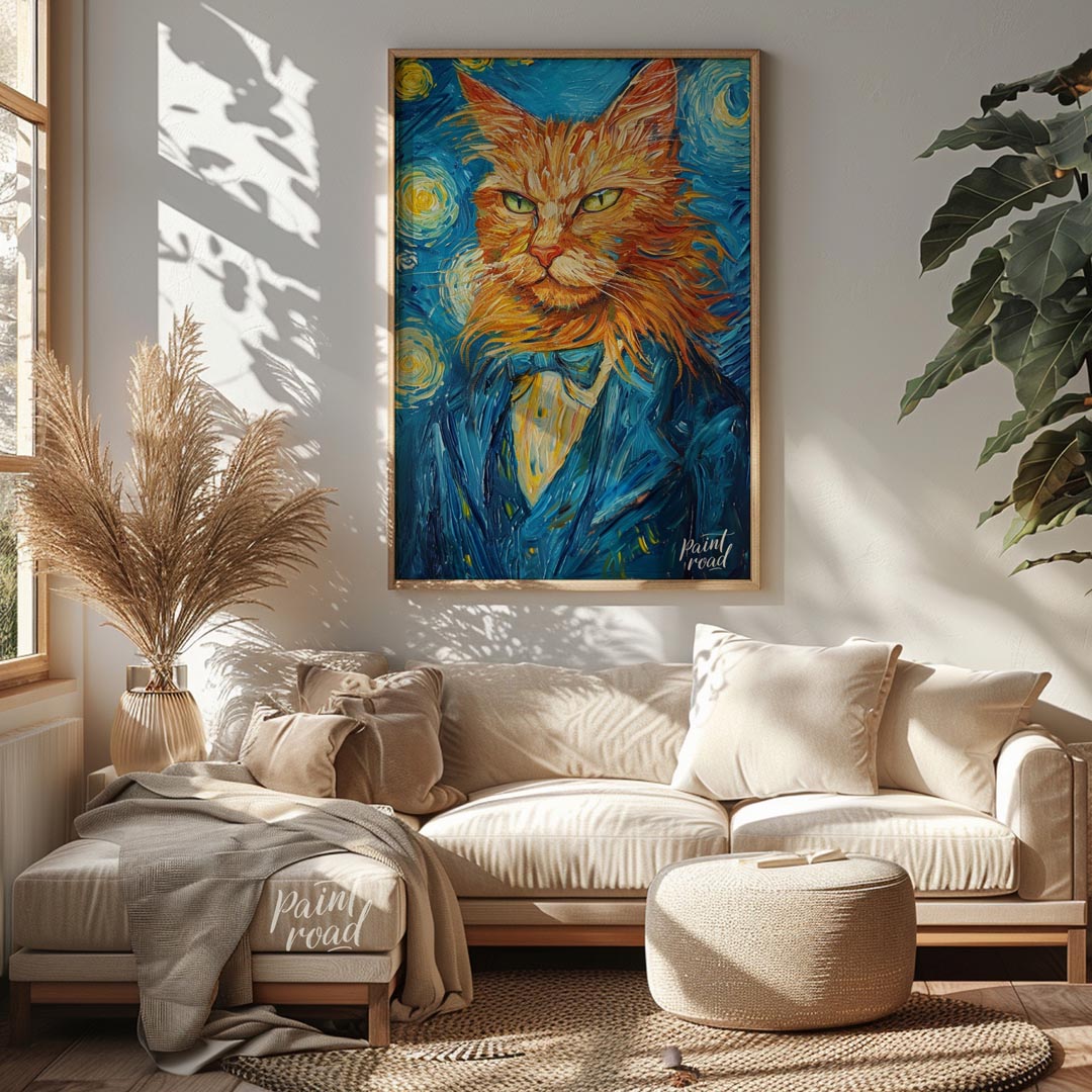 This striking oil painting reimagines a ginger cat in the iconic style of Vincent van Gogh's "The S… for living room