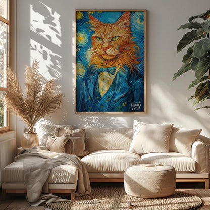 This striking oil painting reimagines a ginger cat in the iconic style of Vincent van Gogh's "The S… for living room