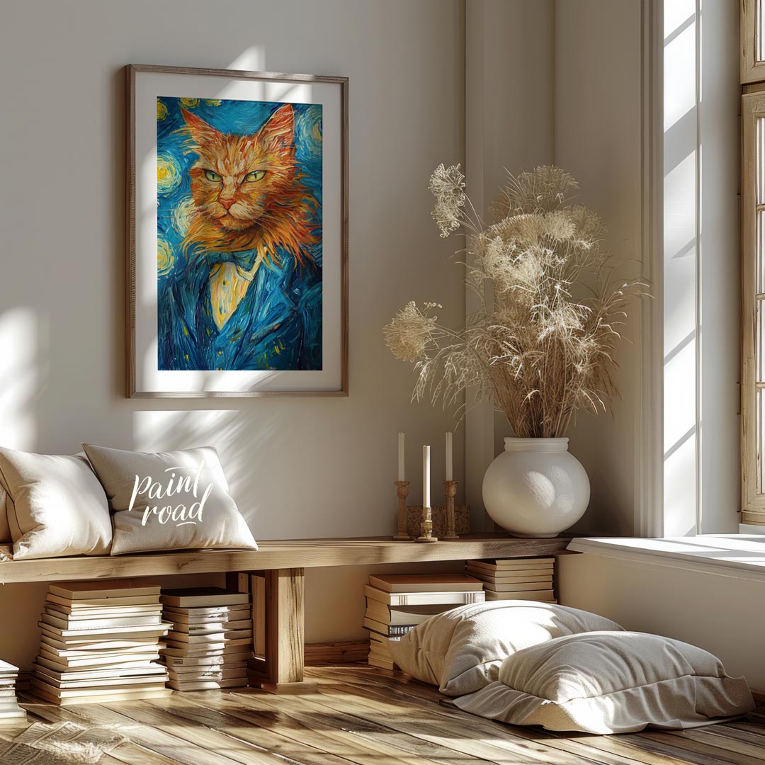 This striking oil painting reimagines a ginger cat in the iconic style of Vincent van Gogh's "The S… for living room