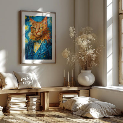 This striking oil painting reimagines a ginger cat in the iconic style of Vincent van Gogh's "The S… for living room