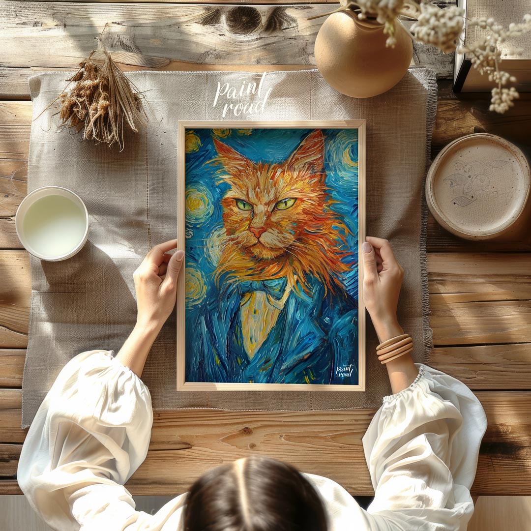 This striking oil painting reimagines a ginger cat in the iconic style of Vincent van Gogh's "The S… for other
