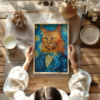 This striking oil painting reimagines a ginger cat in the iconic style of Vincent van Gogh's "The S… for other