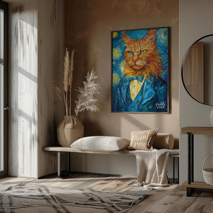 This striking oil painting reimagines a ginger cat in the iconic style of Vincent van Gogh's "The S… for other