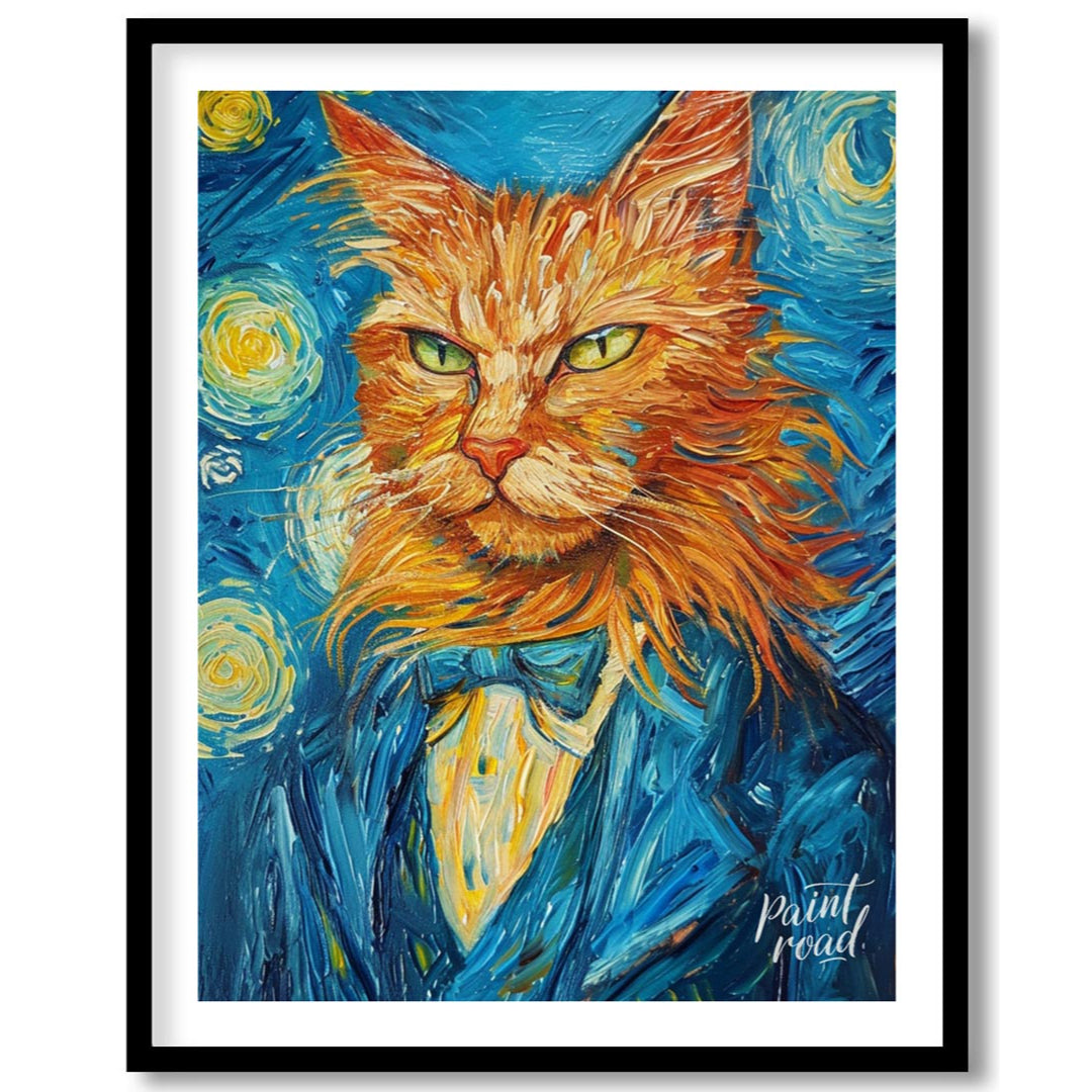 This striking oil painting reimagines a ginger cat in the iconic style of Vincent van Gogh's "The S… for space