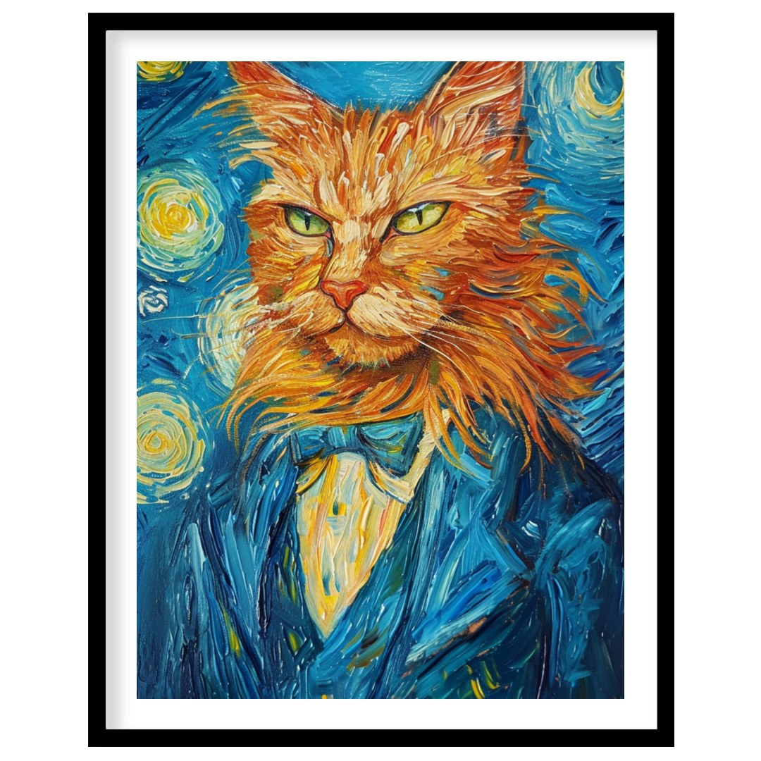 This striking oil painting reimagines a ginger cat in the iconic style of Vincent van Gogh's "The S… for space