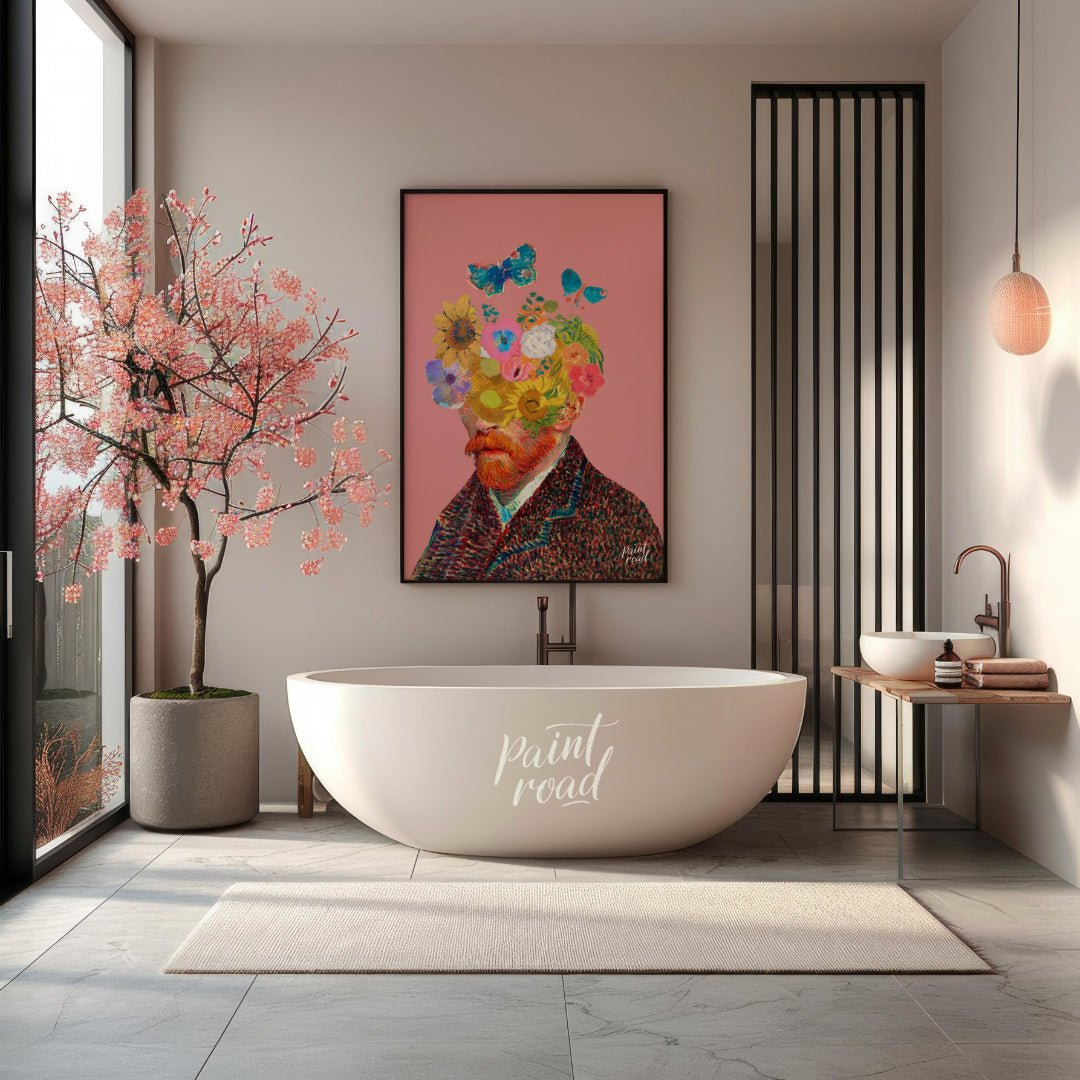 This artwork presents a unique and whimsical take on Vincent van Gogh’s self-portrait, blending his… for bathroom