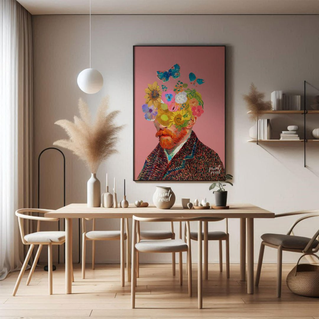 This artwork presents a unique and whimsical take on Vincent van Gogh’s self-portrait, blending his… for dining room