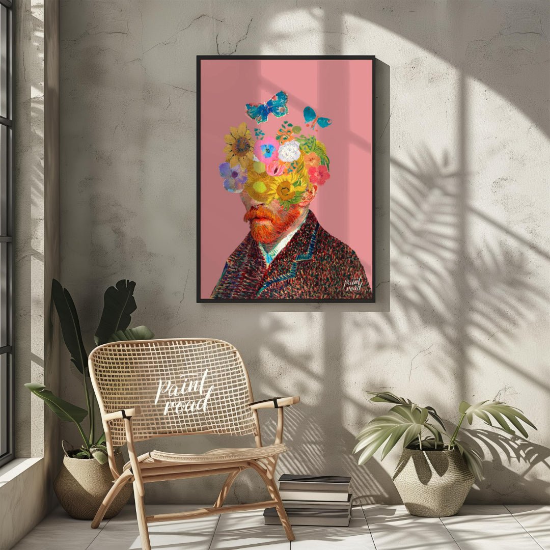 This artwork presents a unique and whimsical take on Vincent van Gogh’s self-portrait, blending his… for living room