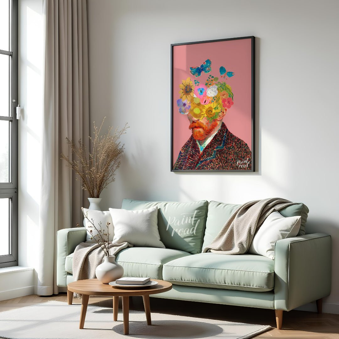 This artwork presents a unique and whimsical take on Vincent van Gogh’s self-portrait, blending his… for living room