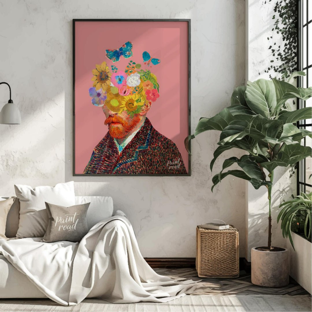 This artwork presents a unique and whimsical take on Vincent van Gogh’s self-portrait, blending his… for living room