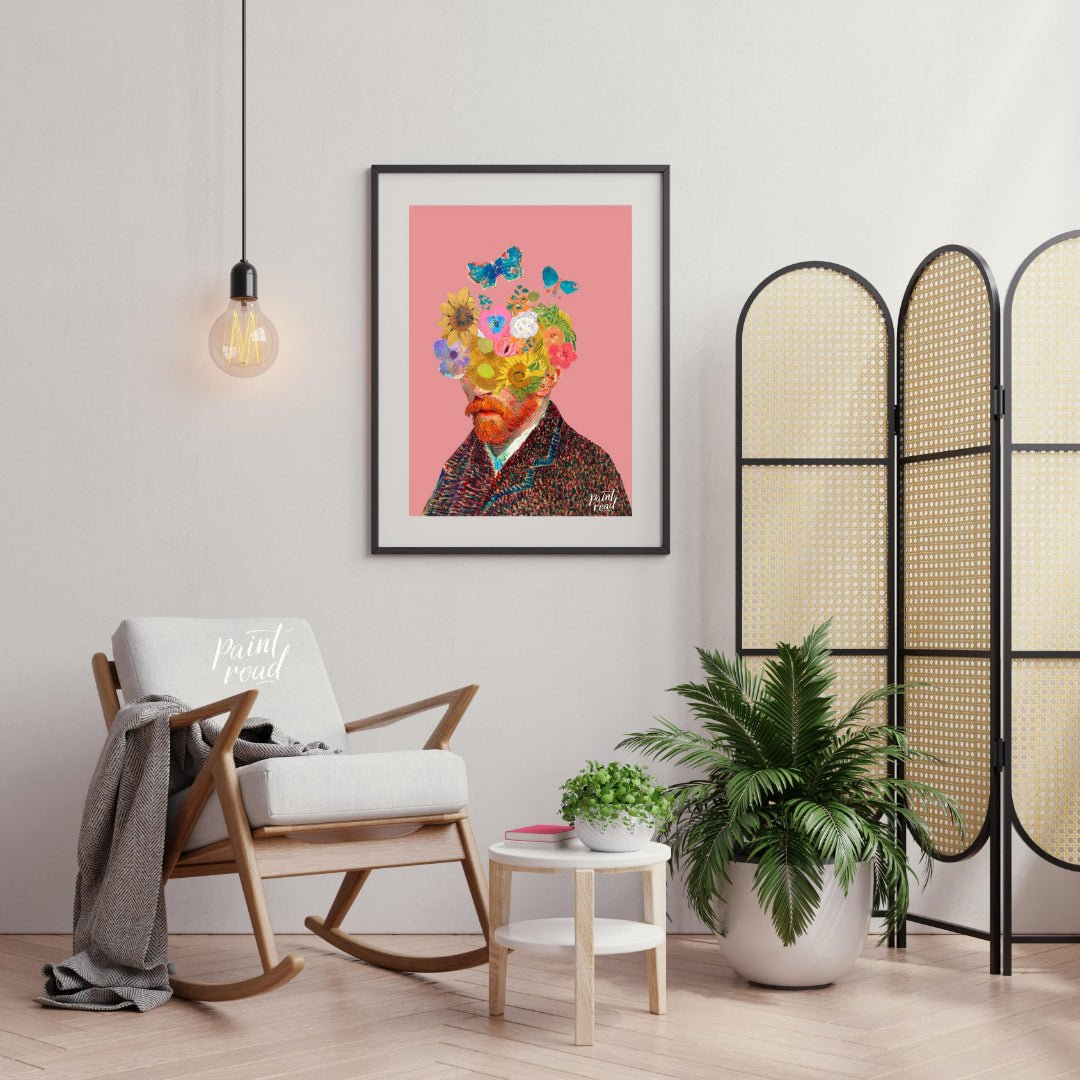 This artwork presents a unique and whimsical take on Vincent van Gogh’s self-portrait, blending his… for living room