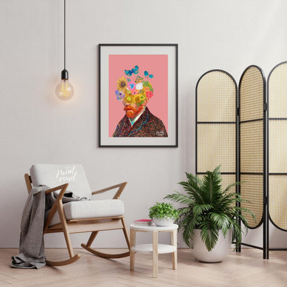 This artwork presents a unique and whimsical take on Vincent van Gogh’s self-portrait, blending his… for living room