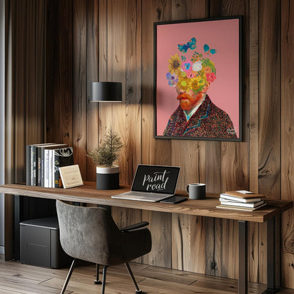 This artwork presents a unique and whimsical take on Vincent van Gogh’s self-portrait, blending his… for office