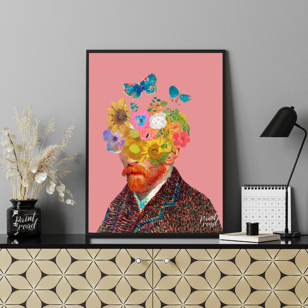 This artwork presents a unique and whimsical take on Vincent van Gogh’s self-portrait, blending his… for office