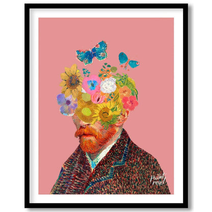 This artwork presents a unique and whimsical take on Vincent van Gogh’s self-portrait, blending his… for place