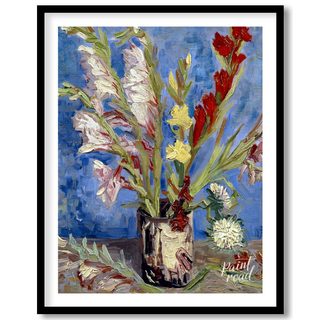 This painting captures a bouquet of gladioli in a rustic vase, rendered in Vincent van Gogh's signa… for area