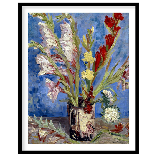 This painting captures a bouquet of gladioli in a rustic vase, rendered in Vincent van Gogh's signa… for area
