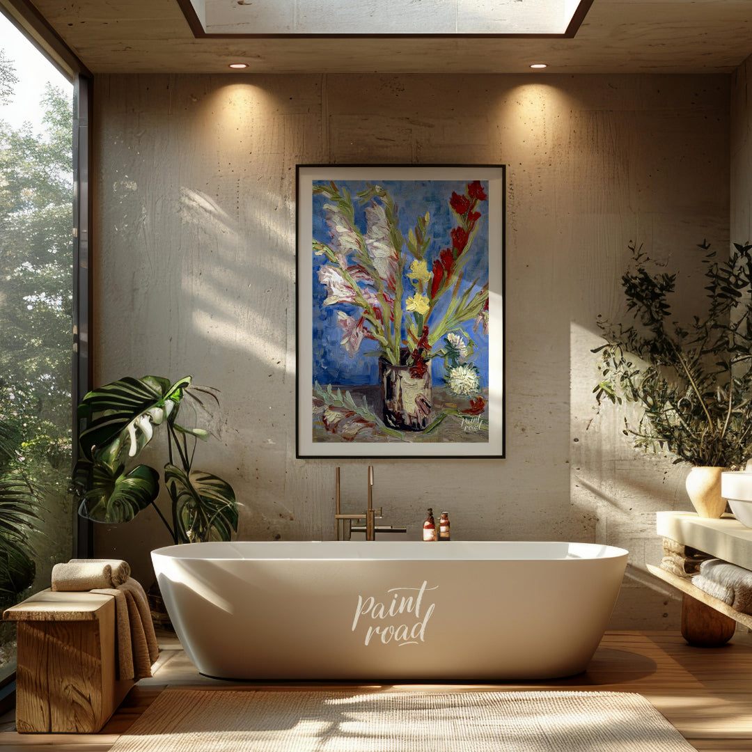 This painting captures a bouquet of gladioli in a rustic vase, rendered in Vincent van Gogh's signa… for bathroom