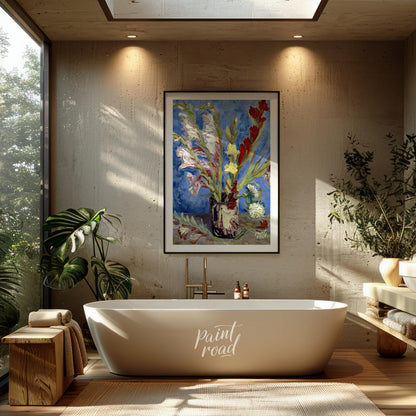 This painting captures a bouquet of gladioli in a rustic vase, rendered in Vincent van Gogh's signa… for bathroom