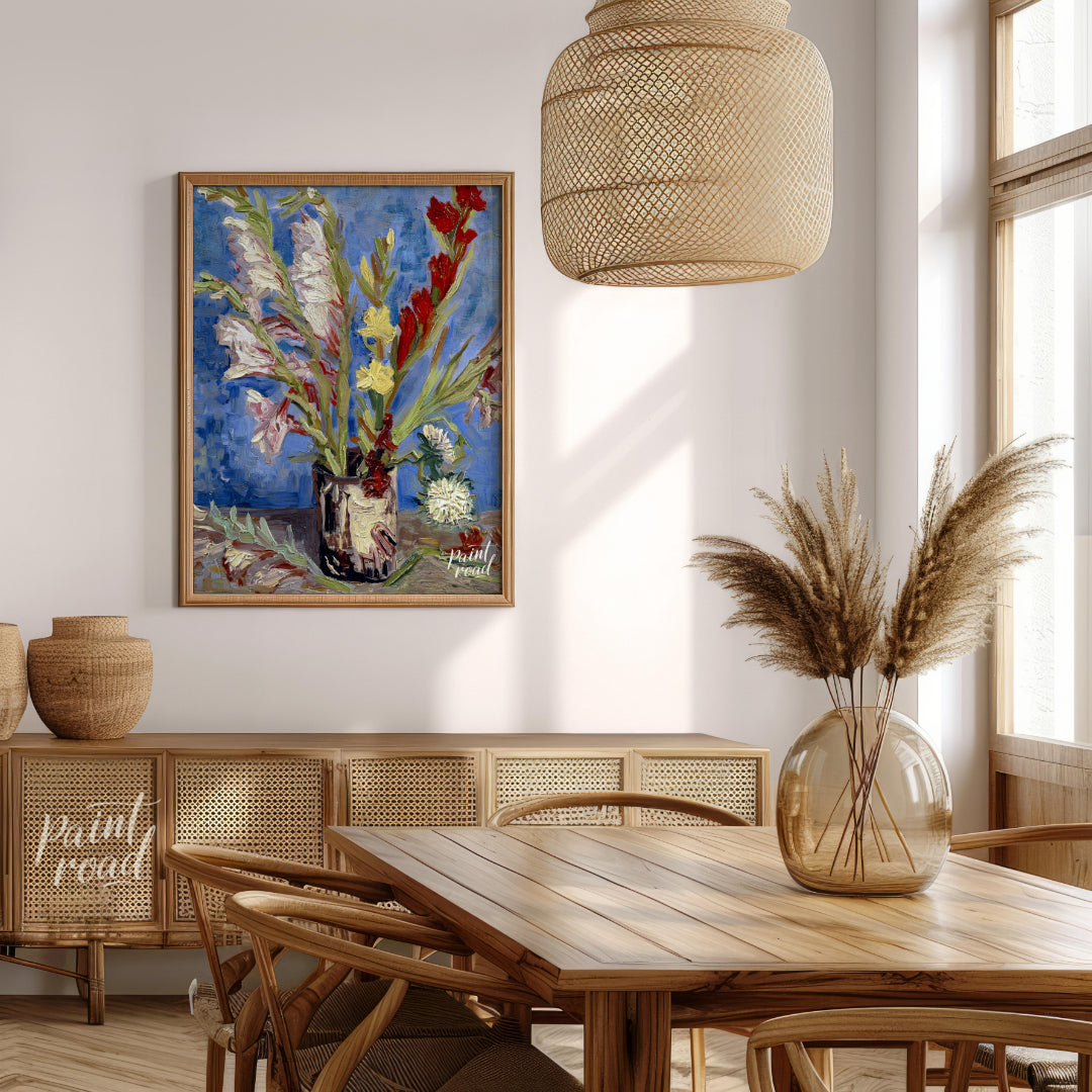 This painting captures a bouquet of gladioli in a rustic vase, rendered in Vincent van Gogh's signa… for dining room