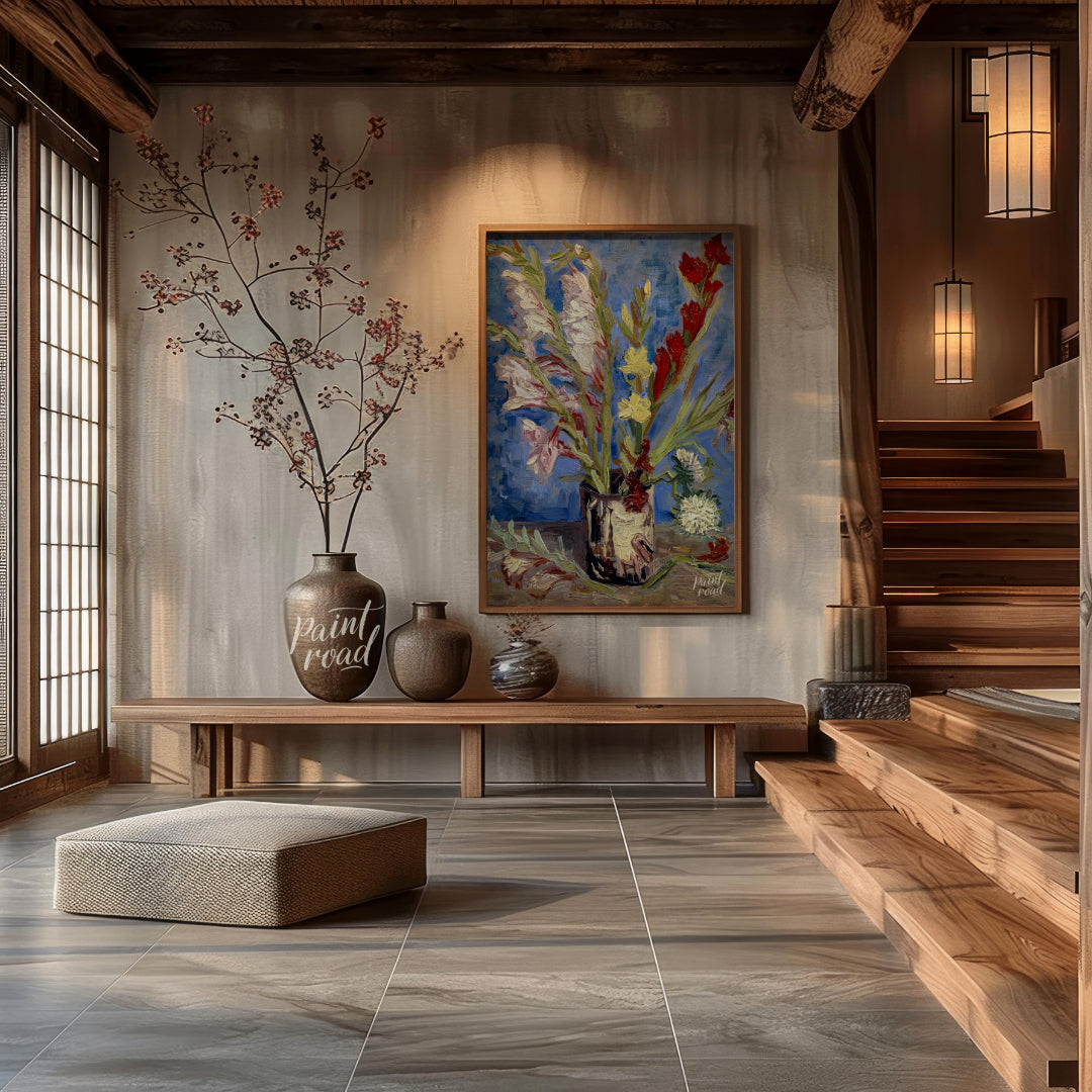 This painting captures a bouquet of gladioli in a rustic vase, rendered in Vincent van Gogh's signa… for entryway