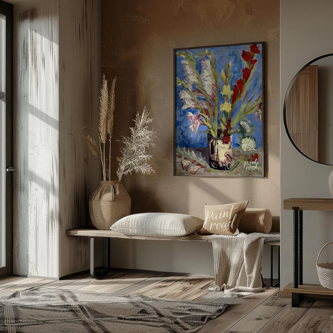 This painting captures a bouquet of gladioli in a rustic vase, rendered in Vincent van Gogh's signa… for entryway