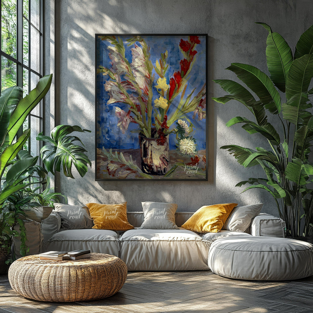 This painting captures a bouquet of gladioli in a rustic vase, rendered in Vincent van Gogh's signa… for living room