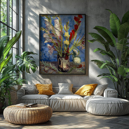 This painting captures a bouquet of gladioli in a rustic vase, rendered in Vincent van Gogh's signa… for living room