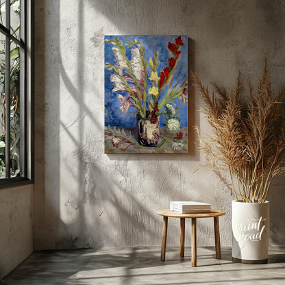This painting captures a bouquet of gladioli in a rustic vase, rendered in Vincent van Gogh's signa… for living room