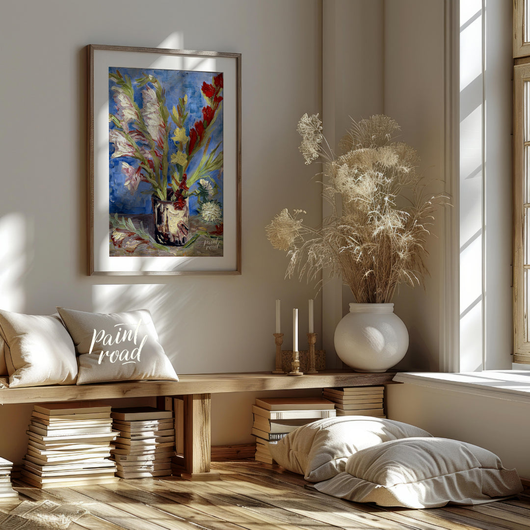 This painting captures a bouquet of gladioli in a rustic vase, rendered in Vincent van Gogh's signa… for living room