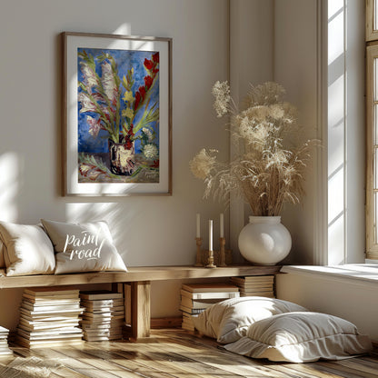 This painting captures a bouquet of gladioli in a rustic vase, rendered in Vincent van Gogh's signa… for living room