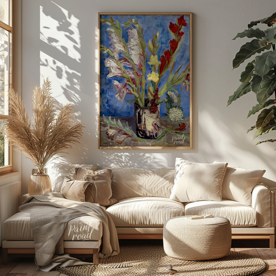 This painting captures a bouquet of gladioli in a rustic vase, rendered in Vincent van Gogh's signa… for living room