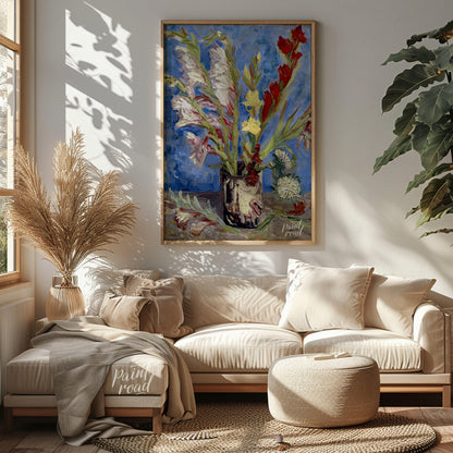 This painting captures a bouquet of gladioli in a rustic vase, rendered in Vincent van Gogh's signa… for living room