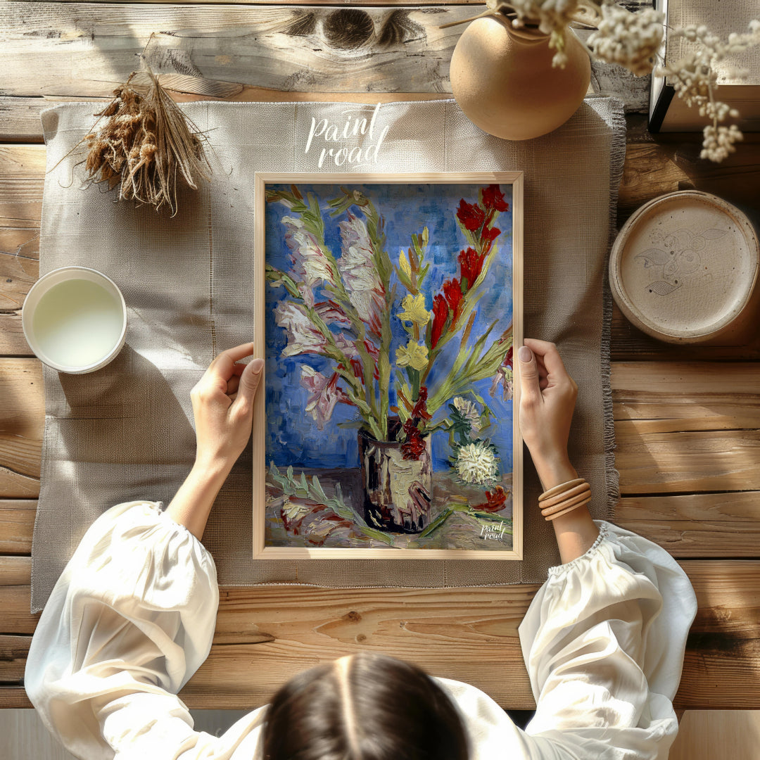 This painting captures a bouquet of gladioli in a rustic vase, rendered in Vincent van Gogh's signa… for other