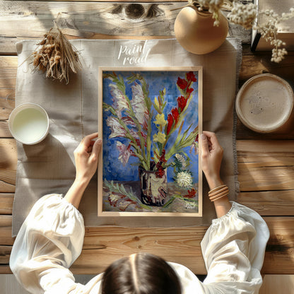 This painting captures a bouquet of gladioli in a rustic vase, rendered in Vincent van Gogh's signa… for other