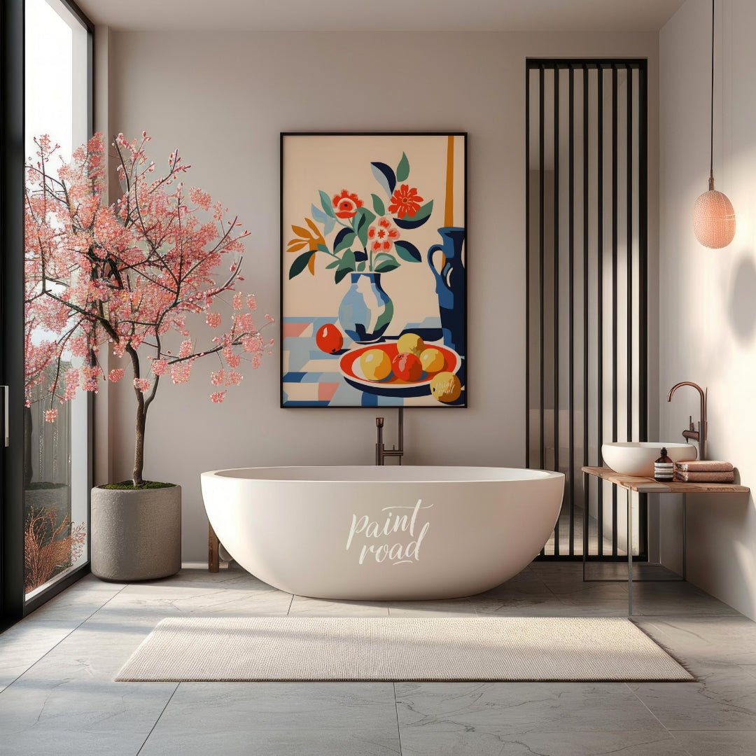 This vibrant digital illustration depicts a still life scene with a bouquet of stylized flowers in … for bathroom